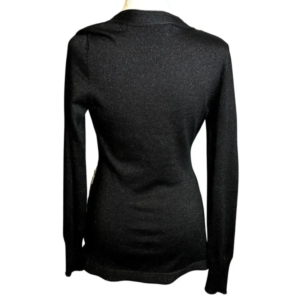 Guess Black Glitter Plunge Zip Wrap Knit Event Evening Holiday Party Sweater M - Picture 2 of 5